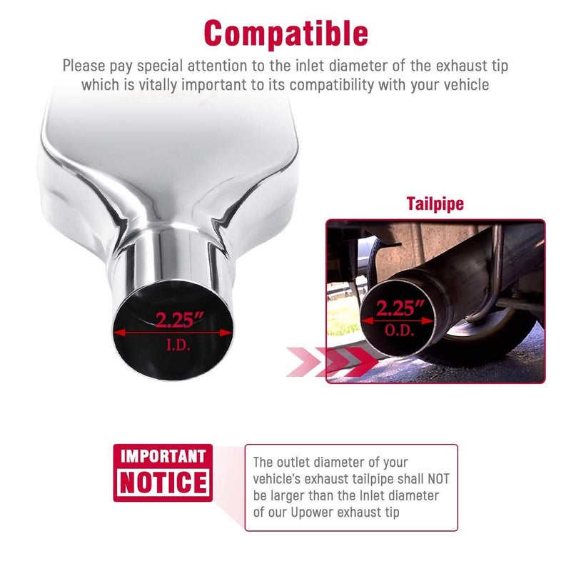 Upower Pack of 2 Exhaust Tip 2.25" Inlet 2" x 6" Outlet 10" Long Rolled Rectangle 304 Stainless Steel Exhaust Tailpipe Tips fits Chevy Camaro Style - Image 2